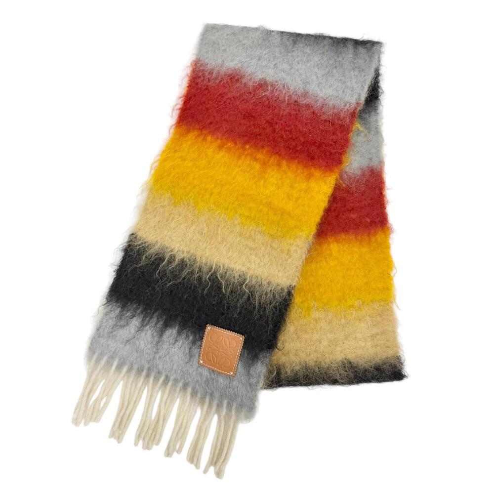 LOEWE Mohair Wool Anagram Leather Patch Striped Fringe Long Stole/Scarf, Mult...